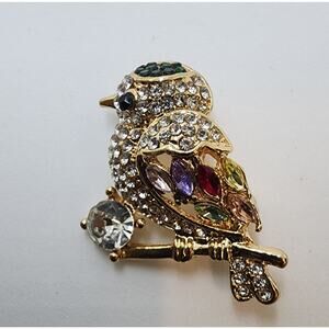 Sparkling Gold Tone Bird Brooch Pin with Multi Color Rhinestones and Crystals